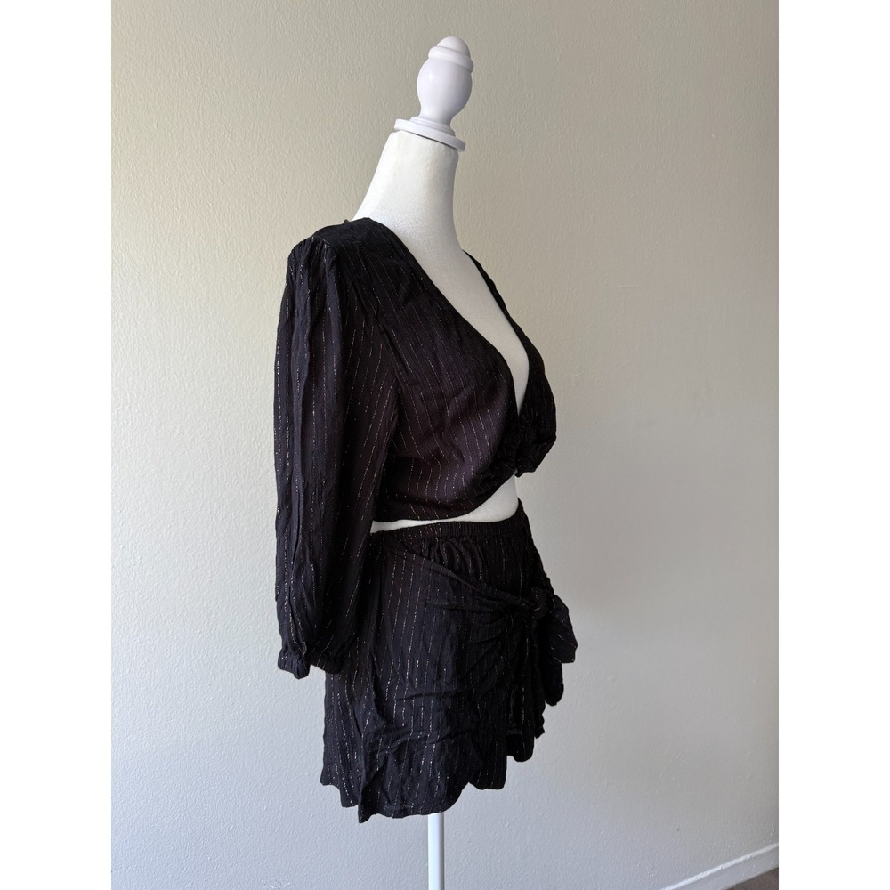 Tori Praver Black Metallic Stripe 2 Pcs Set M Crop Top Shorts Boho Beach Casual - Picture 4 of 16